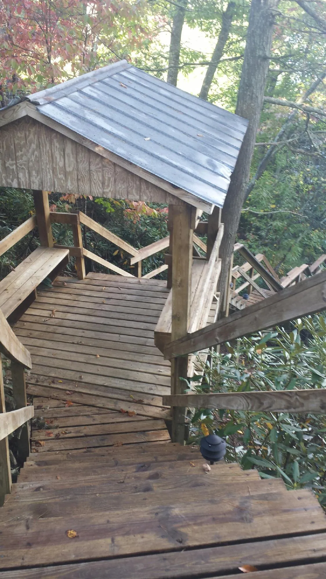 Metal roofed shelter over wooden steps on a wooded walkway — Skylight Repair & Installation work by our crew in Watkins